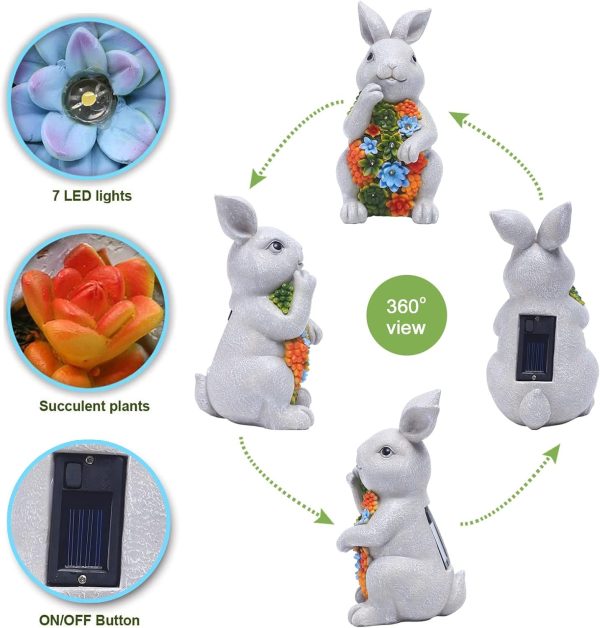 Nacome Solar Garden Outdoor Statues Bunny with Succulent and 7 LED Lights – Lawn Decor for Patio, Balcony, Yard Ornament - Unique Housewarming Gifts - Image 5