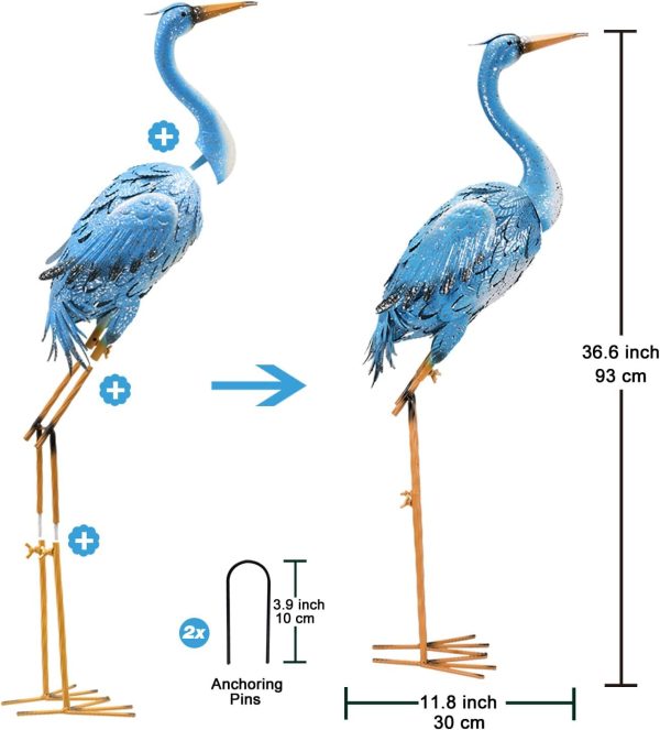 Nacome Large Standing Blue Metal Crane Garden Statue: Indoor Outdoor Heron Animal Sculpture for Patio Backyard Porch Yard Bird Art Lawn Decor - 36.6inch Gifts for Grandma Mom - Image 2