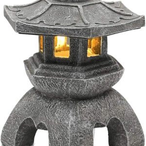 Nacome Solar Pagoda Lantern Garden Statue,Indoor/Outdoor Zen Asian Decor for Landscape Balcony,Garden,Patio,Porch Yard Art Ornament,Polyresin, Stone Finish