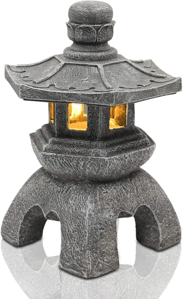 Nacome Solar Pagoda Lantern Garden Statue,Indoor/Outdoor Zen Asian Decor for Landscape Balcony,Garden,Patio,Porch Yard Art Ornament,Polyresin, Stone Finish