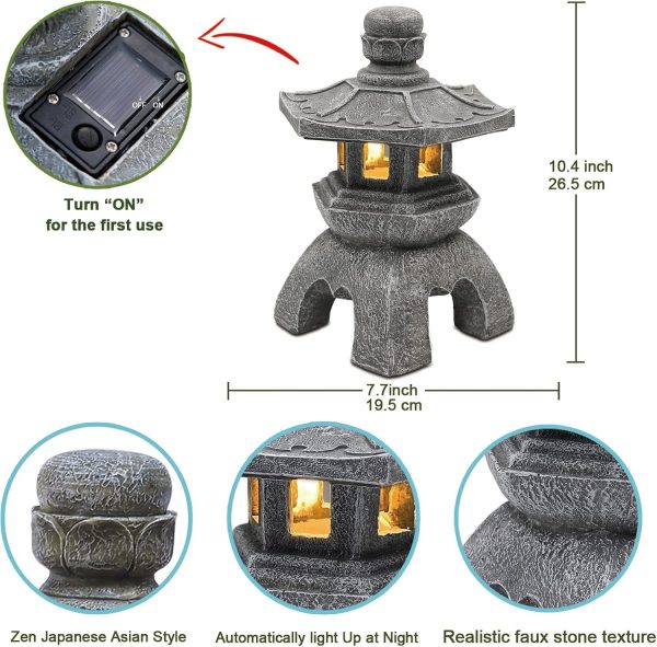 Nacome Solar Pagoda Lantern Garden Statue,Indoor/Outdoor Zen Asian Decor for Landscape Balcony,Garden,Patio,Porch Yard Art Ornament,Polyresin, Stone Finish - Image 2