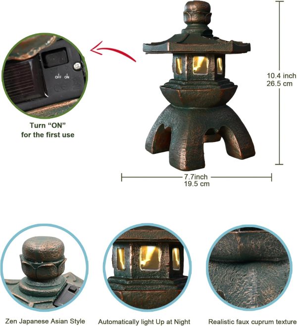 Nacome Solar Pagoda Lantern Garden Statue,Indoor/Outdoor Zen Asian Decor for Landscape Balcony,Garden,Patio,Porch Yard Art Ornament,Polyresin, Stone Finish - Image 9