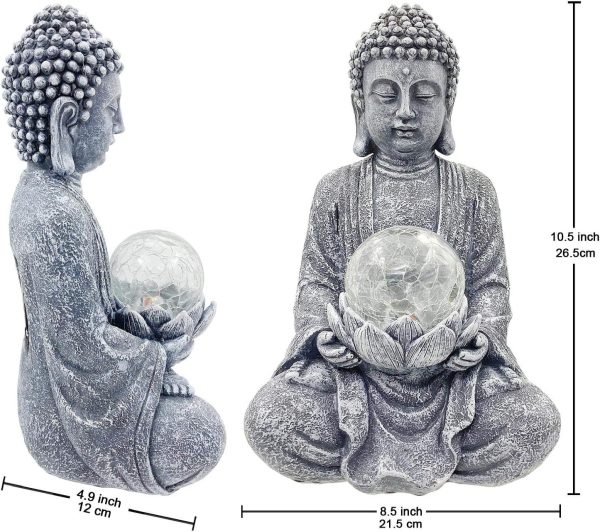 Nacome Meditating Buddha Statue with Solar Light,Zen Solar Garden Buddha with Cracked Glass Ball Sculpture-Indoor/Outdoor Decor for Balcony,Garden,Patio,Porch Yard Art Ornament,Gift - Image 2