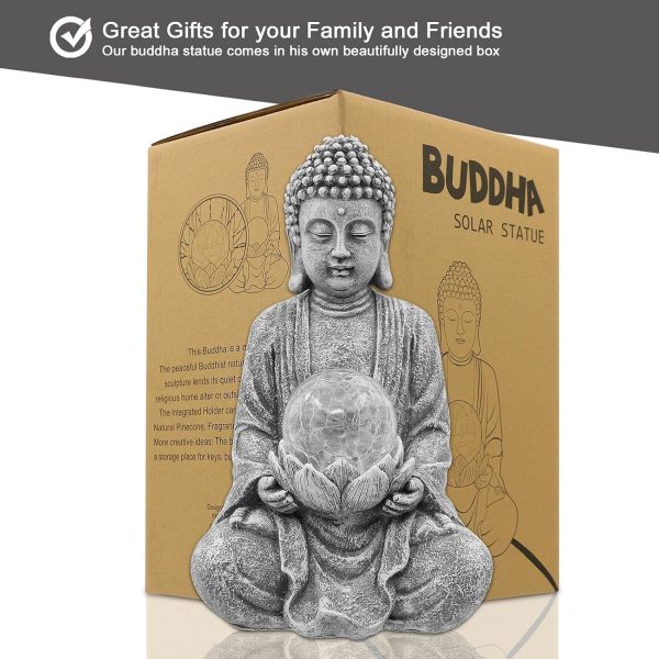 Nacome Meditating Buddha Statue with Solar Light,Zen Solar Garden Buddha with Cracked Glass Ball Sculpture-Indoor/Outdoor Decor for Balcony,Garden,Patio,Porch Yard Art Ornament,Gift - Image 5