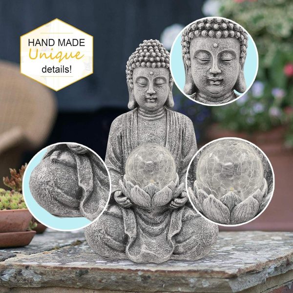 Nacome Meditating Buddha Statue with Solar Light,Zen Solar Garden Buddha with Cracked Glass Ball Sculpture-Indoor/Outdoor Decor for Balcony,Garden,Patio,Porch Yard Art Ornament,Gift - Image 6