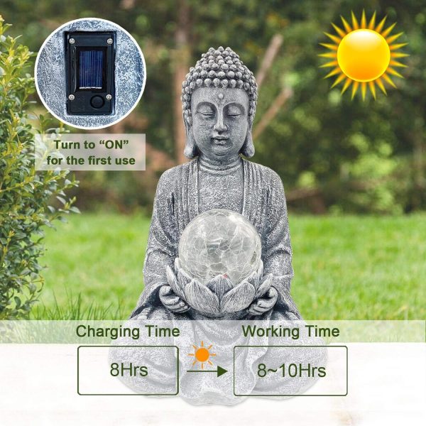 Nacome Meditating Buddha Statue with Solar Light,Zen Solar Garden Buddha with Cracked Glass Ball Sculpture-Indoor/Outdoor Decor for Balcony,Garden,Patio,Porch Yard Art Ornament,Gift - Image 7